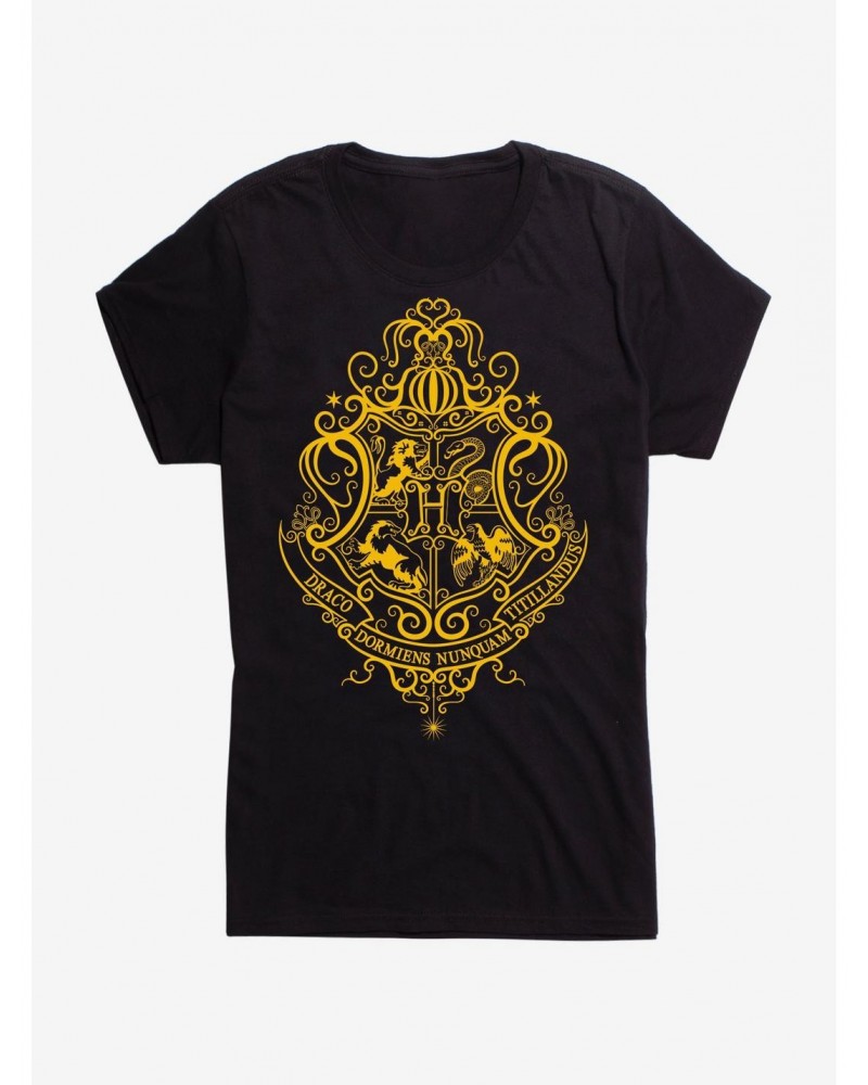 Harry Potter Hogwarts Shield Yellow Outline Girls T-Shirt $8.76 T-Shirts
