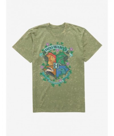 Harry Potter Hogwarts Crest Flowers Mineral Wash T-Shirt $6.84 T-Shirts